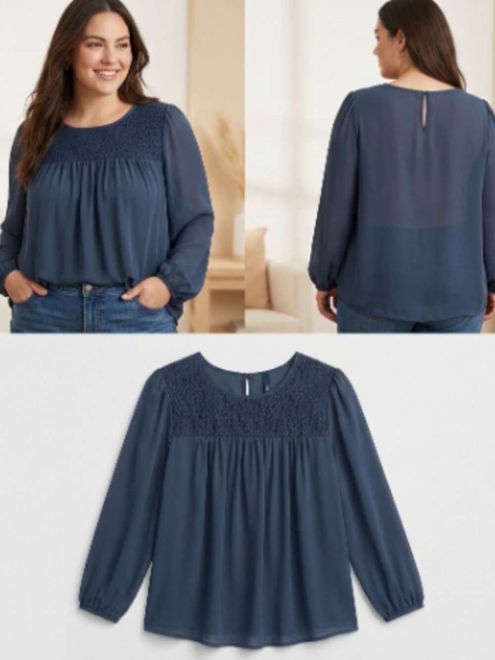 Gap Navy Blue Long Sleeve Lace Yoke Chiffon Blouse XXL